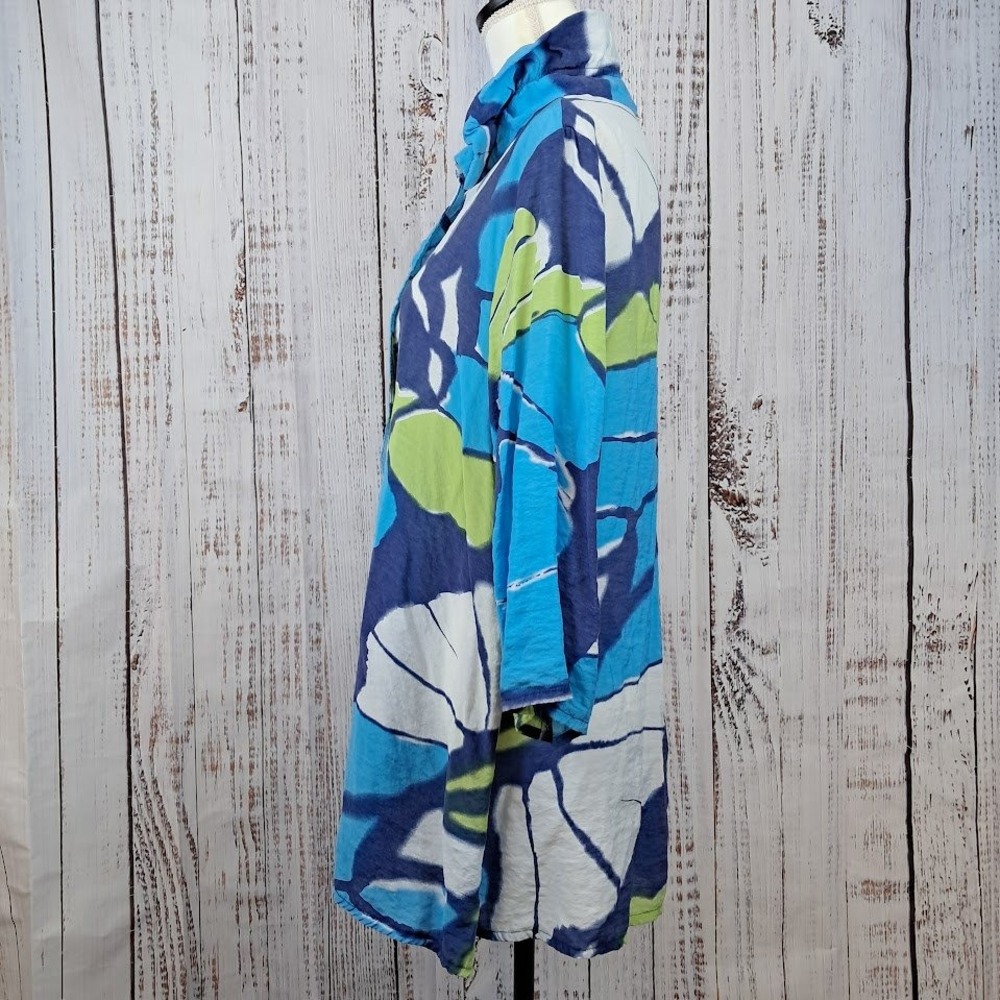 Yushi XL Blue Green Butterfly Wing Print Button Up Tunic Blouse Wired Collar Art - Picture 5 of 8